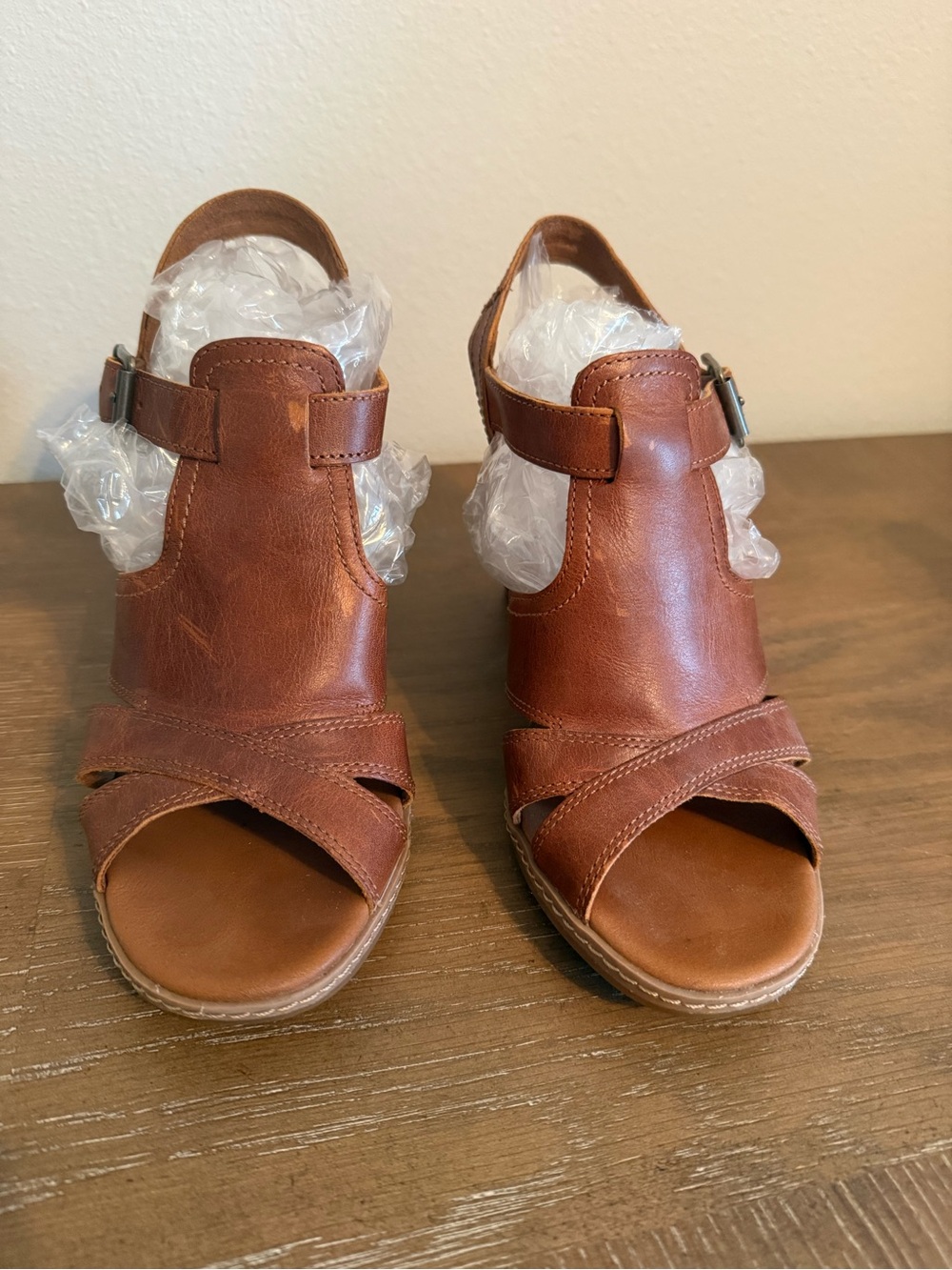 Timberland Chestnut Leather Peep-Toe Wedge Sandals (100)